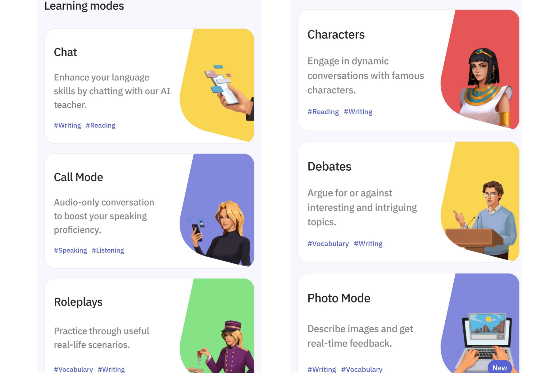 Talkpal AI language learning app displaying available speaking practice modes including roleplay and debate
