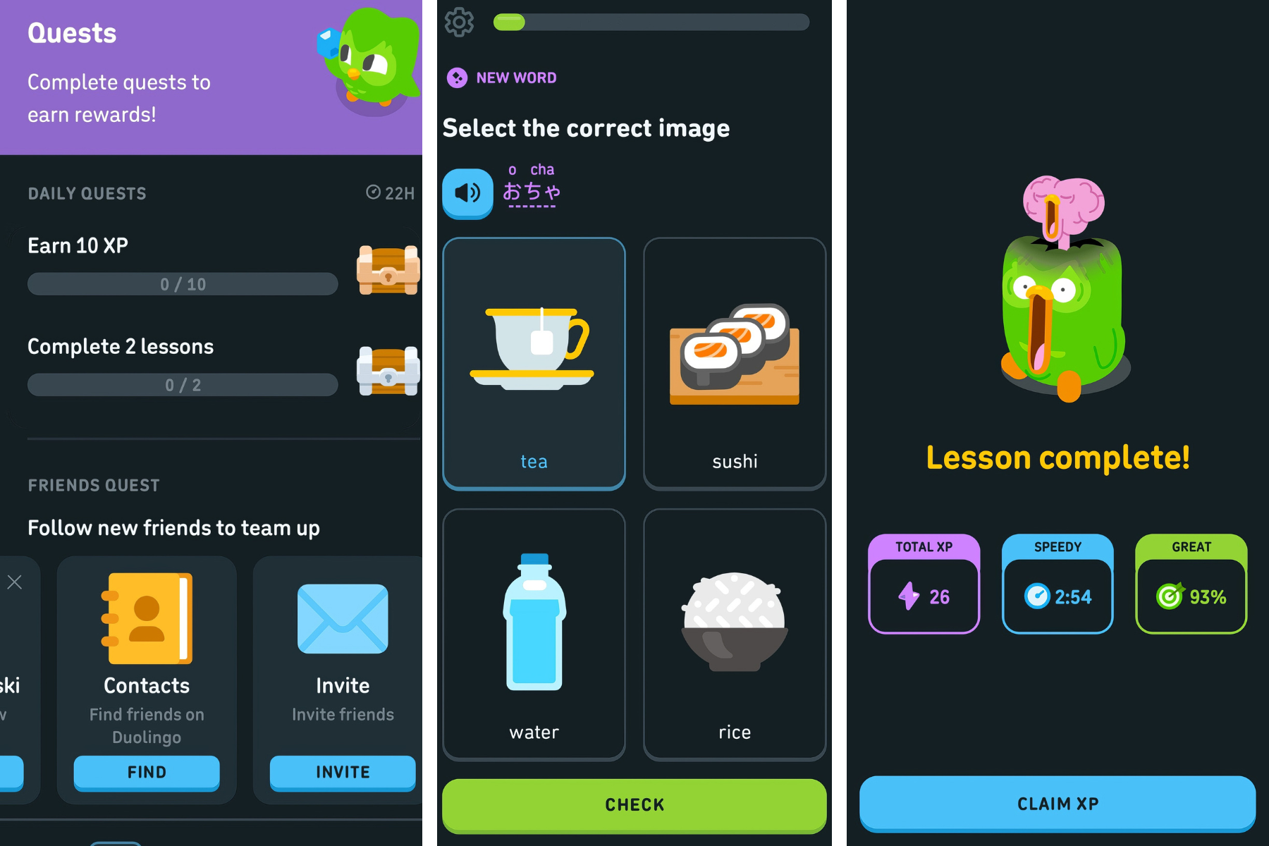 Duolingo app screenshot showing its playful, gamified language learning interface with informal prompts and character dialogue