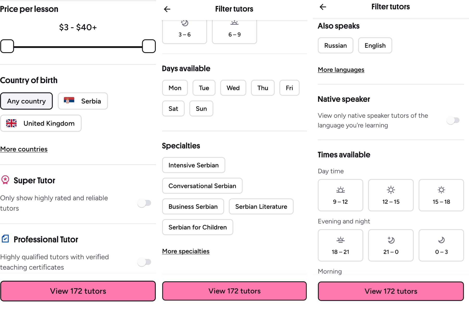 Preply tutor search filters allowing users to find the ideal language tutor by price, availability, and specialty