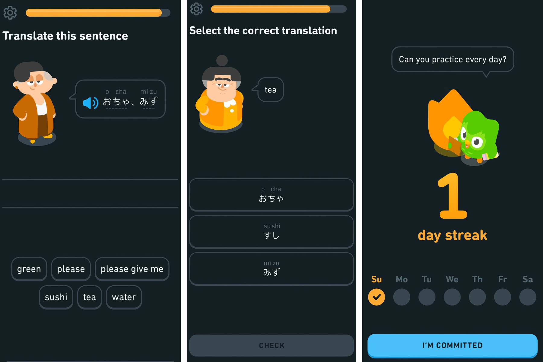 Duolingo vocabulary exercise where users translate words and phrases to learn a new language