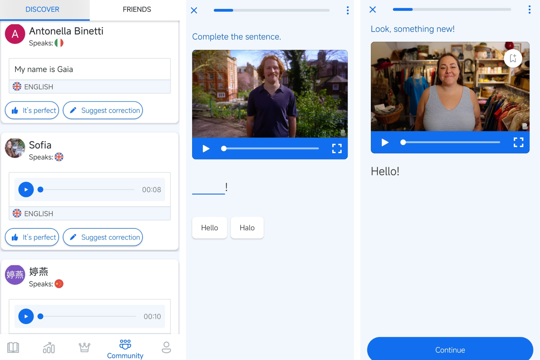 Busuu language learning app featuring native-speaker video clips and community feedback for real-world practice
