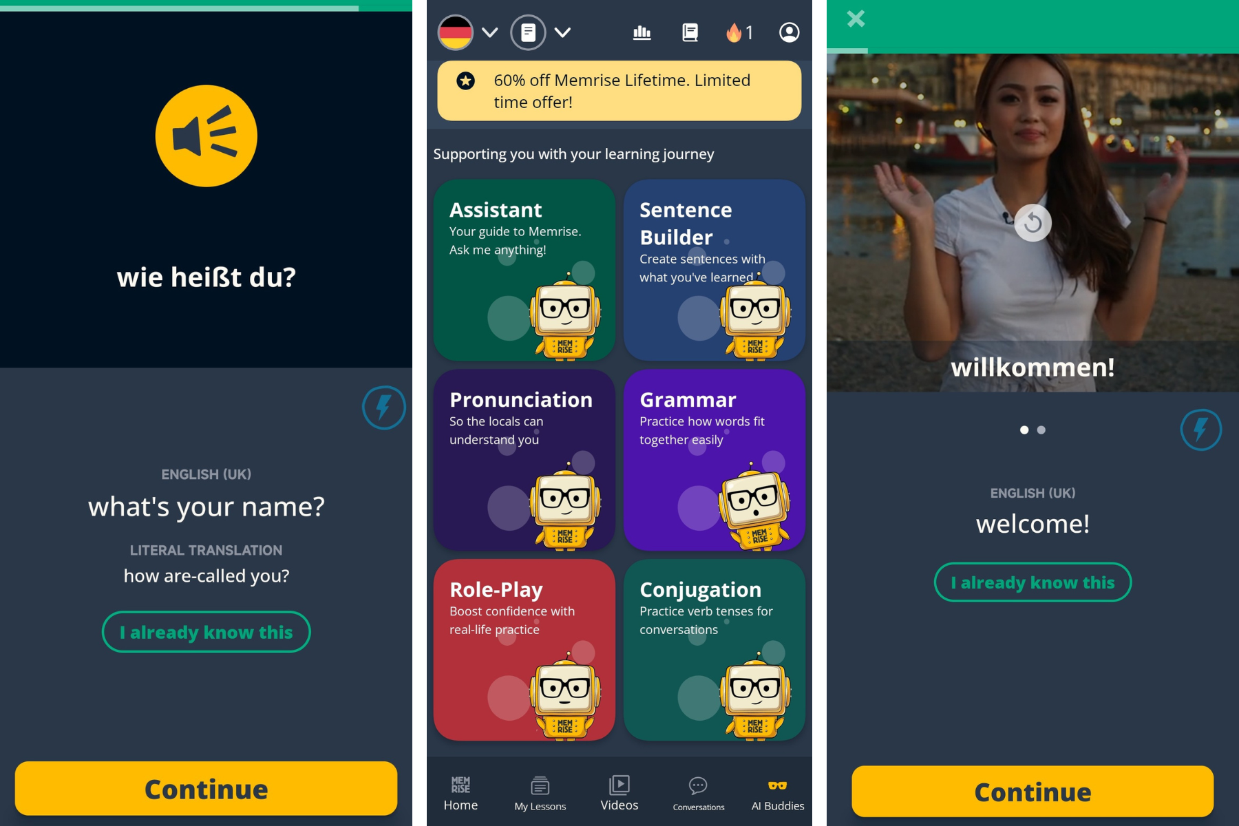 Memrise app spaced-repetition review screen with literal translations to help users build long-term vocabulary